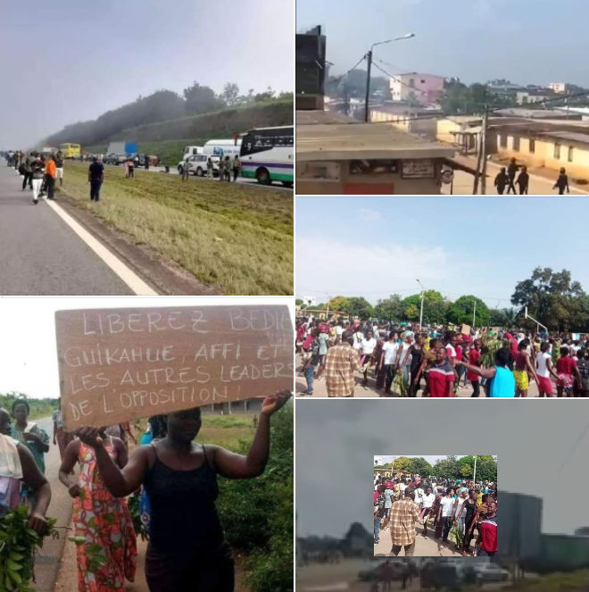 L'autoroute du Nord , l'autoroute qui relie la capitale économique à l'intérieur du pays est carrément bloquée. La côtière est impénétrable. Dabou en veilleuse. Sikensi en mouvement. Yopougon sous feu . Bingerville ancienne capitale ivoirienne paralysée . Daoukro en transe . Bongouanou depuis hier nuit est couverte d'insomnie. Le pays est presque plat . Dans plusieurs localités des populations sont terrées. Certaines forces de l'ordre en freelance avec les miliciens du Rhdp en guerre ouverte avec des manifestants pacifiques et pacifistes aux mains nues. Depuis un moment, les produits vivrièrs qui ravitaillent ABIDJAN depuis l'intérieur du pays seront bloqués. Voilà ce qui arrive quand un chef d'État viole la CONSTITUTION , organise une comédie Électorale, et le peuple refuse de participer au VOTE et qu'il s'accroche vainement au pouvoir.  La Côte d'Ivoire dans une énorme Impasse.